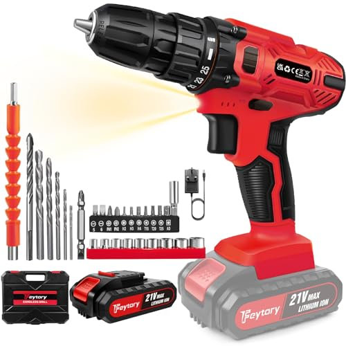 21V Cordless Drill,Electric Drill Set,45Nm Cordless Combi Drill with 25+1 Torque Setting,Large LI-ion Battery,29PCS Accessories,2 Variable Speed, LED Work Light,Home and Garden DIY Project Kit,Red