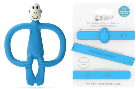 Matchstick Monkey Antimicrobial Silicone Teether & Gel Applicator, Easy Grip, BPA-Free + Multi-Use Holder Strap for Stroller, Car, Highchair, 3M+, Blue