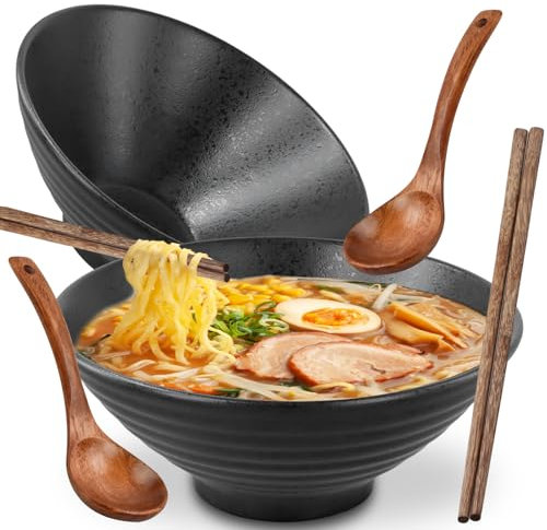 Ecofocet 2 Sets Ramenschüssel aus Keramik mit Essstäbchen und Löffeln, 2×1000ml Ramen Schüssel Keramik Set, Suppenschalen Rührschüsseln, Suppenschüssel für Nudeln Getreide Salate, Schwarz