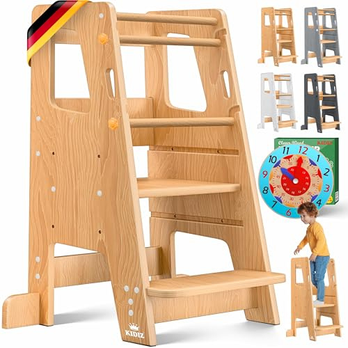 KIDIZ® Torre de aprendizaje para niños a partir de 1 año, incluye reloj de aprendizaje, taburete ajustable en altura de 3 niveles de madera de pino | fomenta las habilidades motoras de Montessori