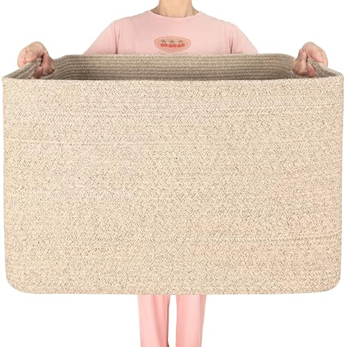 MINTWOOD Design 112L Extra Large Blanket Basket Holder Living Room, 25x17x16 Rectangle Rope Woven Storage Basket with Handles for Laundry, Towels, Shoes, Dog Toy Organizer Bin Box, Oatmeal Brown