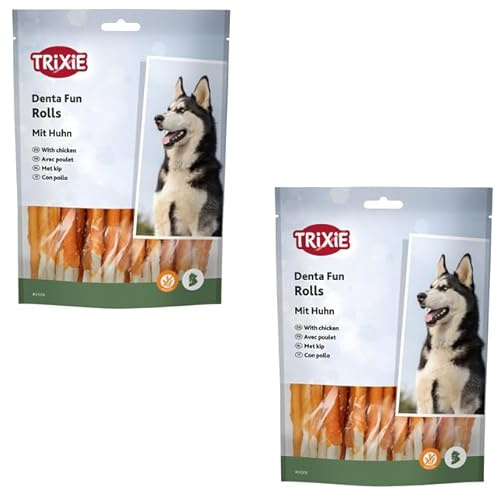 TRIXIE Denta Fun Rolls Pollo | Confezione doppia | 2 x 240 g | Alimento complementare per cani | 30 pezzi da 12 cm | Attività di masticazione e cura dentale | Ricetta senza glutine