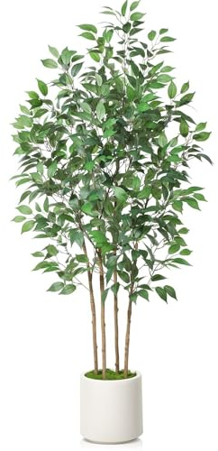 Zvezvia Konstgjorda växter inomhus, 180 cm hög ficus konstgjort träd med vit kruka stor falsk inomhusväxt idealisk heminredning för sovrum kök vardagsrum kontor balkong