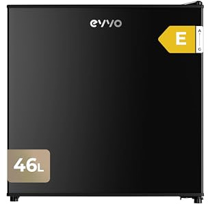 EVVO Frigorífico Mini F22BK, 46 L, Negro, Bajo Consumo 80 kWh/año, 41 dB, Mini nevera compacta para dormitorio, oficina y estudios, Diseño moderno en color negro