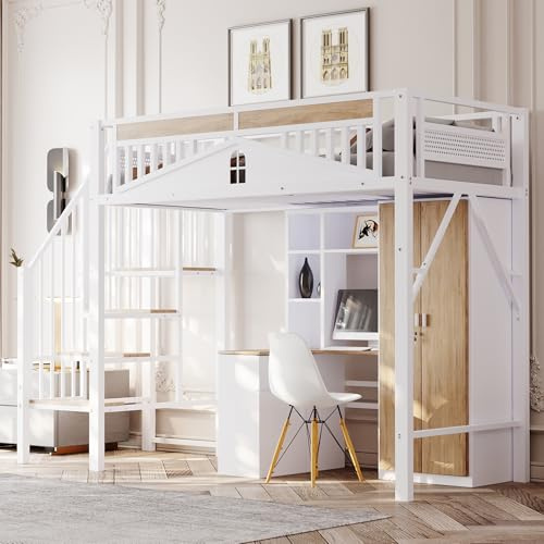 BXEYXE Metallvåningssäng 90 x 200 cm, unikt säkerhetsspjälskydd med fönster, med säkerhetsstege, tillräckligt med utrymme under sängen för fritt tygöverdrag, vit