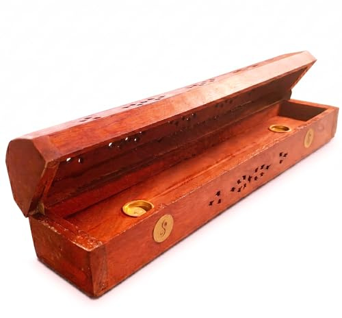 Agni Quemador de Incienso de Madera Hecho a Mano en India – Cofre Porta Inciensos para Varillas y Conos con Difusor de Humo, Caja Incensario Decorativa (Yinyang, Grande)