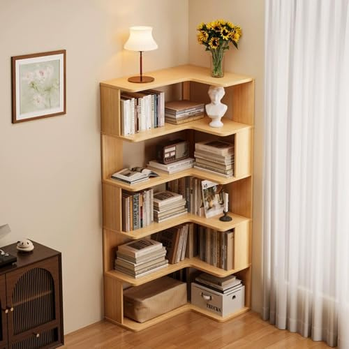 DUY Estantería esquinera de madera maciza en forma de L, estante de almacenamiento independiente, estante de exhibición que ahorra espacio para sala de estar y dormitorio (color madera, 5 niveles, 60