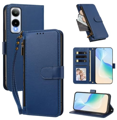 Telefonfodral Kompatibel med Cricket Icon 6 (SL219C),Kompatibel med AT&T Verge (SL219A)【Plånbok med dragkedja och handledsrem Kortfack Uppfällbart stativ】Blue
