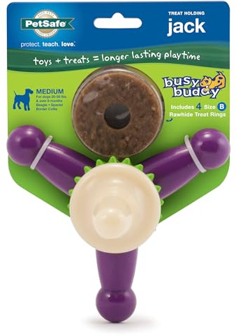 PetSafe Busy Buddy Jack - Keeps Dog Busy - Includes Treats Refill - Treat Holding Dog Toy - Helps Clean Teeth - Durable Rubber - Strong Chewers - Dishwasher Safe - Medium - Purple
