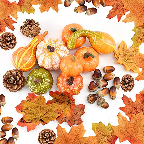 DOJoykey Thanksgiving Decoration Set, 128pcs Artificial Maple Leaves, Harvest Pumpkin, Small Acorns, Pine Cones and Gourds for Autumn, Fall and Halloween Home Party Decoration