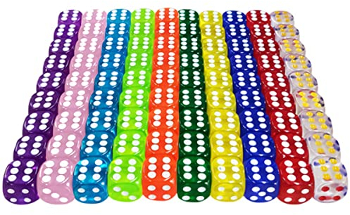 LATTCURE 6 Seitige Würfel Set, 100 Stück Dice Set 16mm Sechsseitiger Würfel Durchscheinende Farben Acryl Polyedrisch Würfel Set Spielwürfel Tischspiele für Spiel und Party