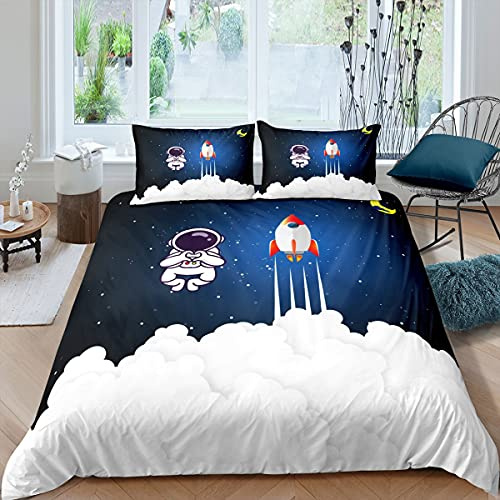 Juego de funda de edredón para niños con cohete de astronauta y cohete espacial, funda de edredón para niños, niñas, adolescentes, espacio exterior, aventura, ropa de cama y lino tamaño King