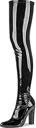 WSKEISP Women's Thigh High Black Boots 70s GOGO Over The Knee High Long Fall Winter Boots Pointed Toe Patent Leather PU