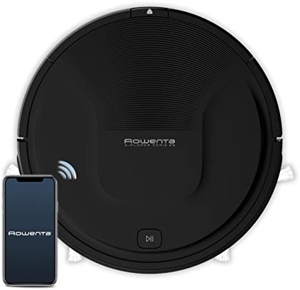 Rowenta RR8225 X-Plorer Serie 45 Staubsaugerroboter mit Infrarot-Sensoren, 3-in-1-Reinigungswirkung, 2 Seitenbürsten, 3 Modi, kompatibel mit Sprachassistenten, Schwarz für Teppiche