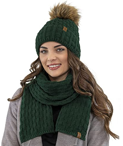 Vivisence Elegante Set Invernale da Donna Composto da Cappello con Pompon E Sciarpa Foderato in Pile Morbido Antistatico Perfetto per Le Giornate Fredde, Verde,Taglia Unica