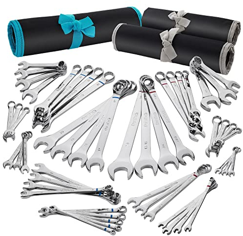 DURATECH 52-Piece Combination Wrench Set, 32 PCS Combo & 20 PCS Stubby, SAE & Metric, CR-V Steel, with Rolling Pouch