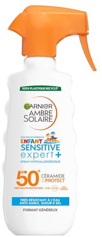 GARNIER Ambre Solaire - Spray Gâchette Sensitive Expert+ Enfant - Haute Protection Solaire FPS 50+ - Protège des UVA, UVB & UVA Longs - À Base De Céramides - Peaux Sensibles - 270 ml