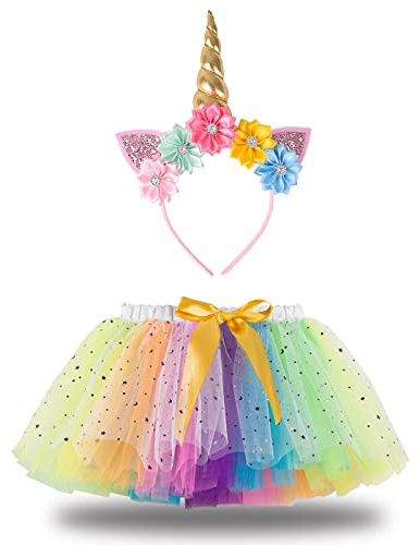Hifot Deguisement Licorne Fille Princess Enfant, Jupe Tutu en Ruban Bandeau Licorne,Costume Licorne pour Carnaval Fête Anniversaire Cadeaux pour Filles
