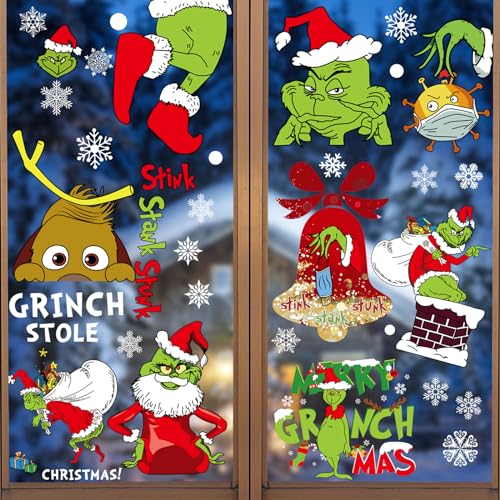 KIKVTER Grinch Fensterbilder Weihnachten, 9 Blatt Weihnachten Fensterbilder, Weihnachten Selbstklebend Fensterdeko, Reusable PVC Christmas Snowflake Sticker für Weihnachts und Winter Dekoration (B)