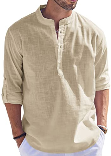 Cegerne Camisa de Lino de algodón de Manga Larga para Hombre Camisa Henley con Botones Camiseta Lisa Casual Camiseta de Hombre para Playa Hippie