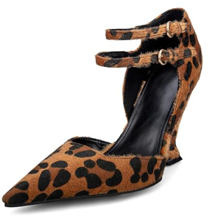 Goolita Pointed Closed Toe Wedge Heels for Women, Sexy Patent Leather Buckle Strap Office Dress Pumps Shoes Leopard