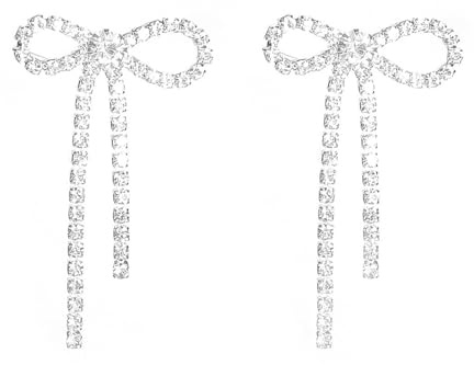 Suofrun Bow Earrings for Women Rhinestone Long Tassel Earrings Ribbon Bow Drop Earring Silver Stainless Steel Dangle Earrings Cute Sparkly Jewelry (Style 1)