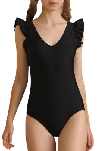 Momkonzz Maillot de bain une pièce pour filles - Bretelles à volants - Noir - 7-16 ans, Maillots de bain à col en V, 9-10 ans