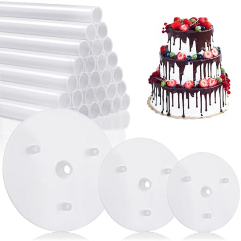 ASelected Cake Dowels Rods Set 30 Pcs Cake Dowels With 3 Pcs Cake Separator Plates For Tiered Cake Construction And Stacking Supporting