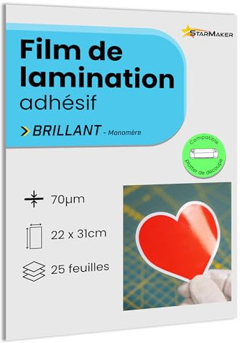 25 feuilles A4 22 x 31cm Film de lamination à froid BRILLANT - Feuilles de plastification Laminé auto-adhésif pour photo et autocollants - Compatible plotter de découpe