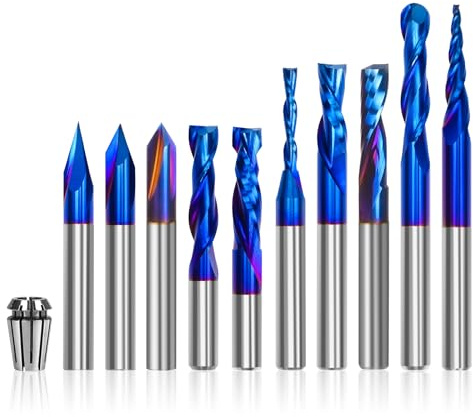 10PCS CNC Router Bits Set 1/4 inch Shank, Carbide Multiple Uses Router Bit for Woodworking Detail Carving Trimming V Groove Engraving Slotting Mortise, Bonus 1/4 ER11 High Precision Collet