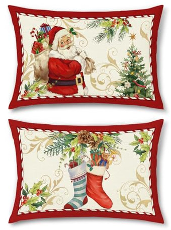 Bonhause Fundas Cojines Navidad 30 x 50 cm Funda de Almohada Árbol de Navidad Calcetines Santa Cojines Decorativos para Sofá Cama Hogar Exterior Juego de 2