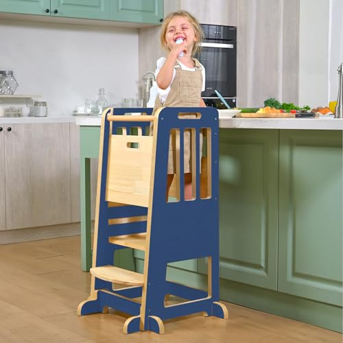 WINGYZ Wooden 3-Height Adjustable Toddler Learning Tower for Baby Helper Bathroom Kitchen Nursery, Toddler Step Stool with Anti-tilt Structure Anti-slip Strips Sliding Door (Darkblue)