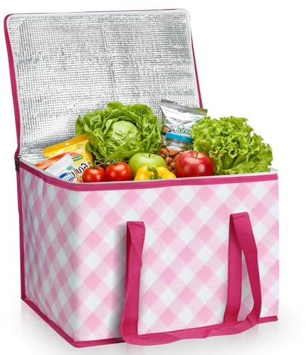 Beautyshow Cool Bag, 40L Large Insulated Bag, Reusable Grocery Shopping Bags with Classic Gingham Design, Foldable Thermal Food Delivery Bags Soft Cooler for Picnic, BBQ, Camping, Beach, Travel, Auto
