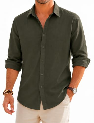 SEAYIJIA Mens Linen Shirts Long Sleeve Button Down Cotton Linen Beach Shirts Casual Summer Regular Fit Shirt