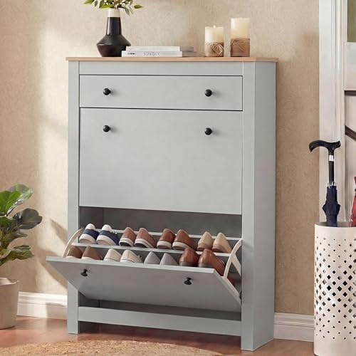 Blisswood Shoe Cabinet, Wooden Shoe Storage Unit with 2 Flip Drawers & 1 Open Drawer, Freestanding Shoe Rack Organiser, Adjustable Shelves Cupboard for Entryway Footwear Stand Hallway Furniture_Grey