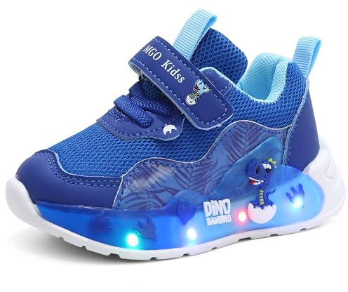 XSportmode Scarpe da ginnastica luminose a LED for bambini, scarpe casual con gancio e anello for dinosauro in pelle a rete traspirante(Blu,28 EU)