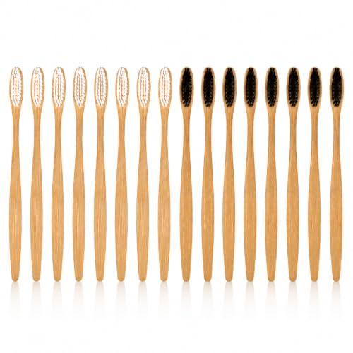 Spazzolino da Denti in Bambù 16 Pezzi, Spazzolino Ecologico con Setole Naturali al Carbone, Senza BPA, Manico in Bambù Biodegradabile, Morbido e Perfetto per Casa e Viaggio