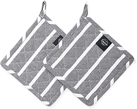 Encasa XO 21 cm Ofen-Mikrowellen-Topflappen (2er-Set) zum Kochen und Backen in der Küche - hitzebeständig, Schutz der Hände vor heißen Gerätschaften - Roma graue Streifen