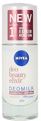 NIVEA DeoMilk Sensitive Beauty Elixir Desodorante Roll on (1 x 40 ml), con esencia de leche, desodorante antitranspirante para pieles sensibles, rehidrata y protege