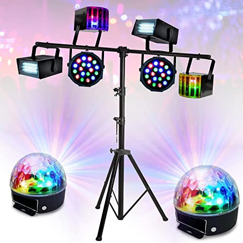 IBI - Ensemble de 8 jeux de lumière compacts et puissants + 1 portique acier robuste - idéal soirée dansante PA DJ SONO MIX LED