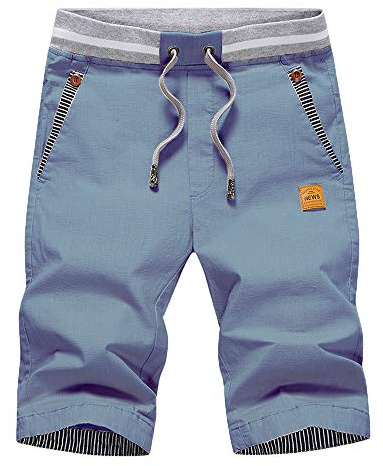 Tansozer Hombre Lino Algodón Pantalones Cortos Verano Casuales Shorts Ligero Chino Pantalones De Playa con Cordones Elásticas Ajustable Cintura Bolsillos Azul Vaquero XL