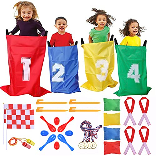 GOLDGE Sackhüpfen Säcke Kinder Outdoor Spiele für Kinder, 32pcs Kinderparty Set mit Hüpfsäcken Sandsack Eierlaufen Medaille für Kinder ab 3 Jahren
