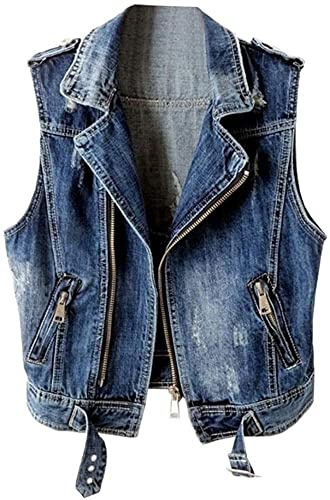 Lazutom Chaleco de mezclilla sin mangas rasgado con cremallera para mujer, azul, 38