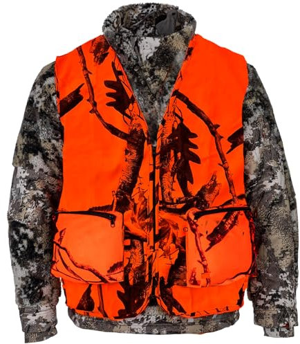 Klarny Outdoors Camo Orange Hunting Vest with Pockets - High Visibility, Waterproof, Ultra-Quiet Deer and Bow Gear Accessories, Size L