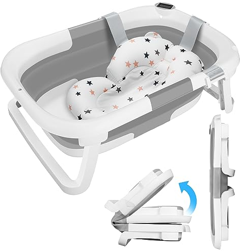 Mkitnvy Bañera Bebe con Termómetro, Bañera Plegable Bebé con Almohadilla de Baño Antideslizante e Tapón de Ducha, Ergonómico, Ahorra Espacio, para Bebés de 0 a 36 Meses (A)