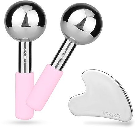 VRAIKO ICE Globes for Facials & Gua Sha Set, Gua Sha Facial Tools and Cryo Sticks with Unbreakable Steel, Face Massager Cooling Rollers for Dark Circles, Puffiness and Lymphatic Drainage (Pink)
