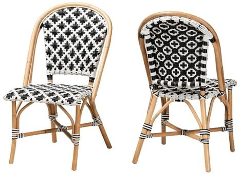 Pemberly Row French Bistro Dining Chair Set, Natural Rattan Frame, Black and White Synthetic Weaving, 36 in Height, Fully Assembled, Crisscross Base, Indoor/Outdoor Seating