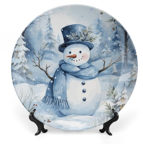Gokays Christmas Decorative Plates for Wall Hanging, A Snowman with Blue Hat and Scarf is Standing in The Snow Ceramic Plate, Wobble-Plate with Display Stand, Home Decor for Kitchen Cabinets, 6 Inch
