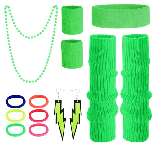 Apricitie 80er Beinlinge Set Damen, 80er Jahre Kostüm Zubehör Neon Gestrickte Beinlinge Bein Stulpen Schweißbänder Stirnband Armband Ohrringe Haarring für 80er Thema Party