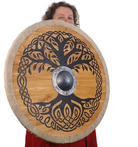 Bouclier viking médiéval en bois fait à la main 61 cm, Naturel/noir, 24 Inch
